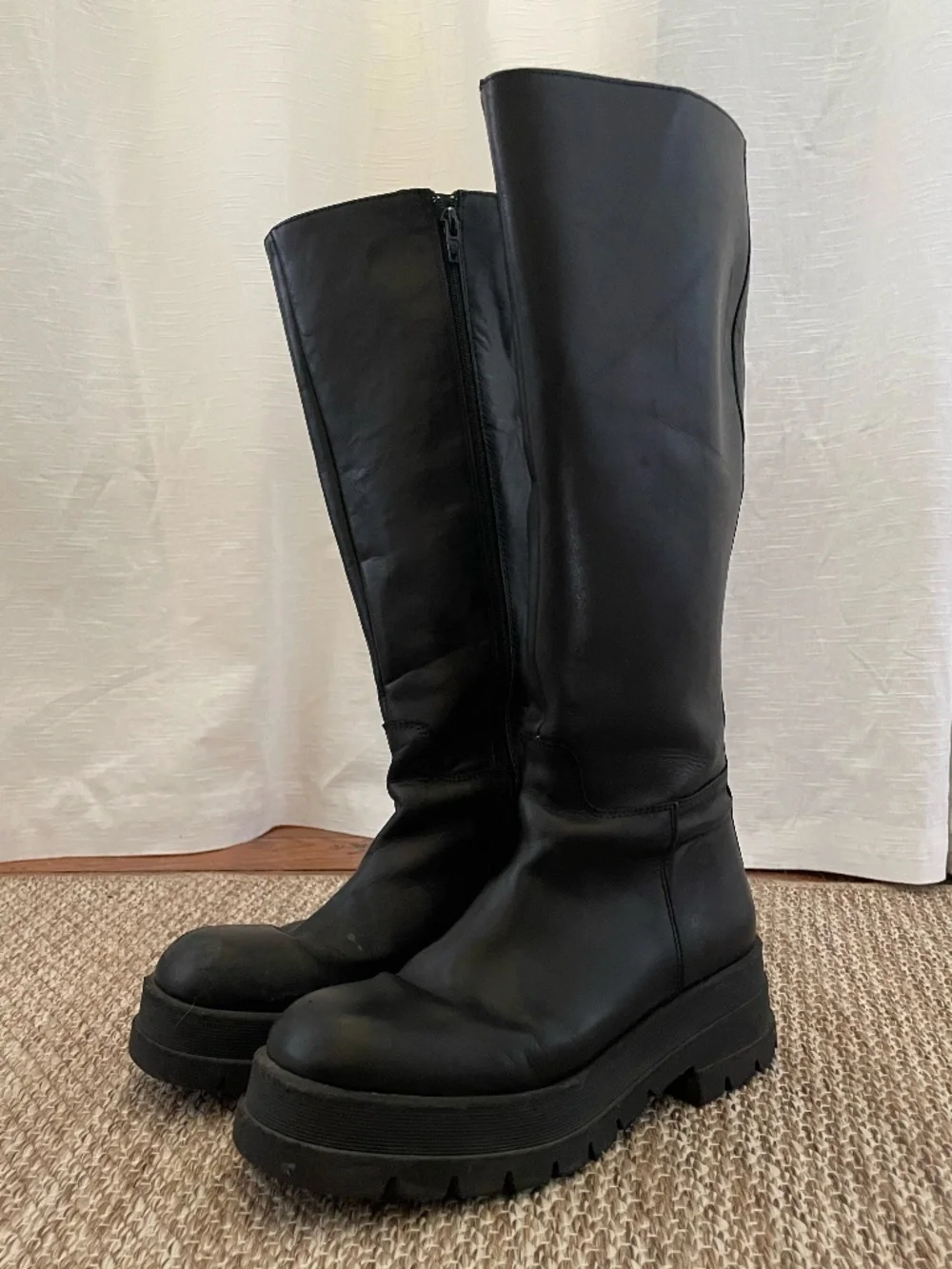 Black Leather Platform Knee High Boots